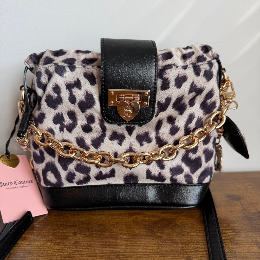 New Juicy Couture Fashionable Snow Leopard Bucket Crossbody Handbag Y2K Black